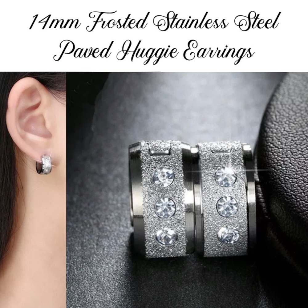 14mm Frosted Paved Steel Hoop Huggie Earrings